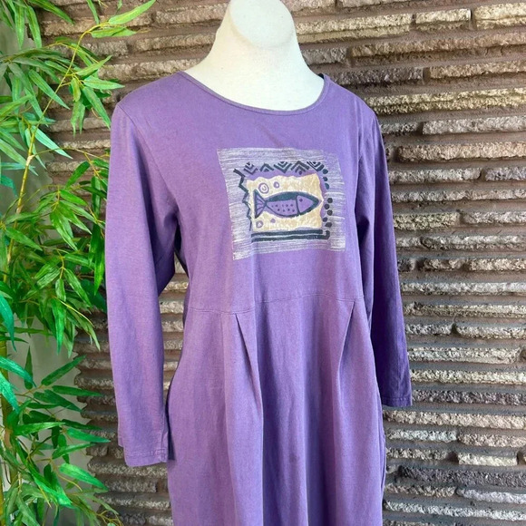 Viva City Purple Dusty Lavender Casual Fish Print 100% Cotton Maxi Dress Size M - Picture 8 of 10